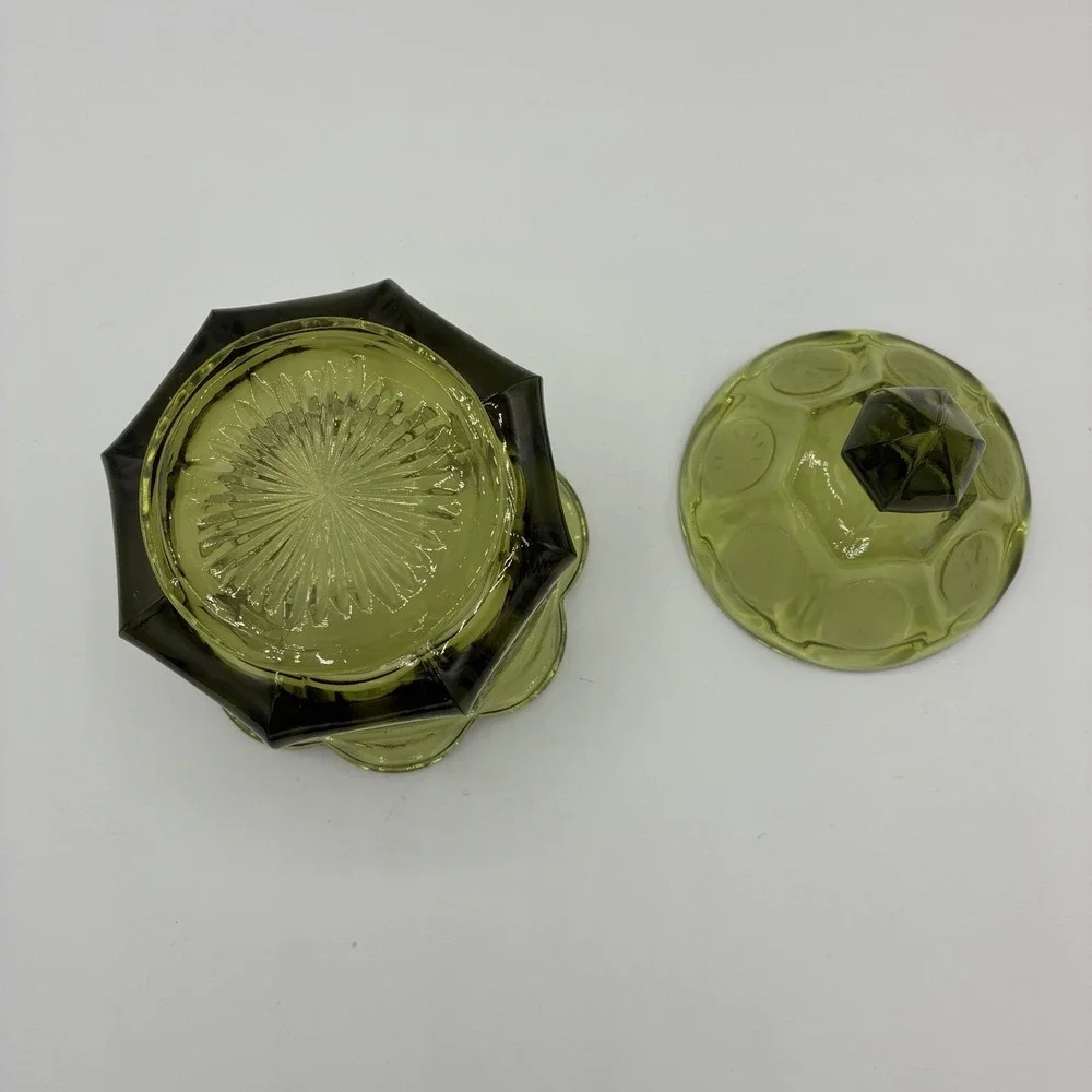 Vintage Fostoria Coin Glass Candy Dish w Lid Avocado Green Eagle 1887 Pedestal